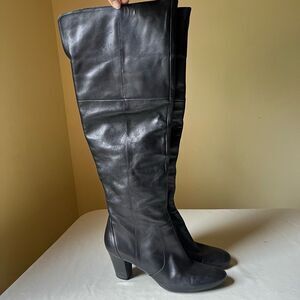 Bandolino Black Leather Boots Fold Over‎ Knee High Round Toe Block Heel 8.5